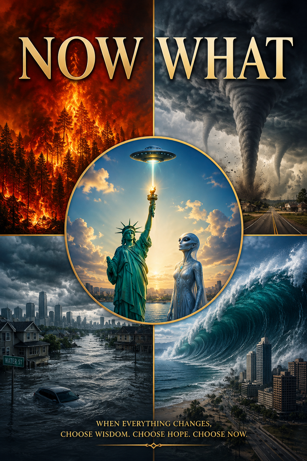 Capa do livro Now What: quatro cenas de transformação — incêndio florestal, tornado, inundação urbana e uma onda gigante — ao redor de um círculo central com a Estátua da Liberdade e uma figura alienígena diante do amanhecer.